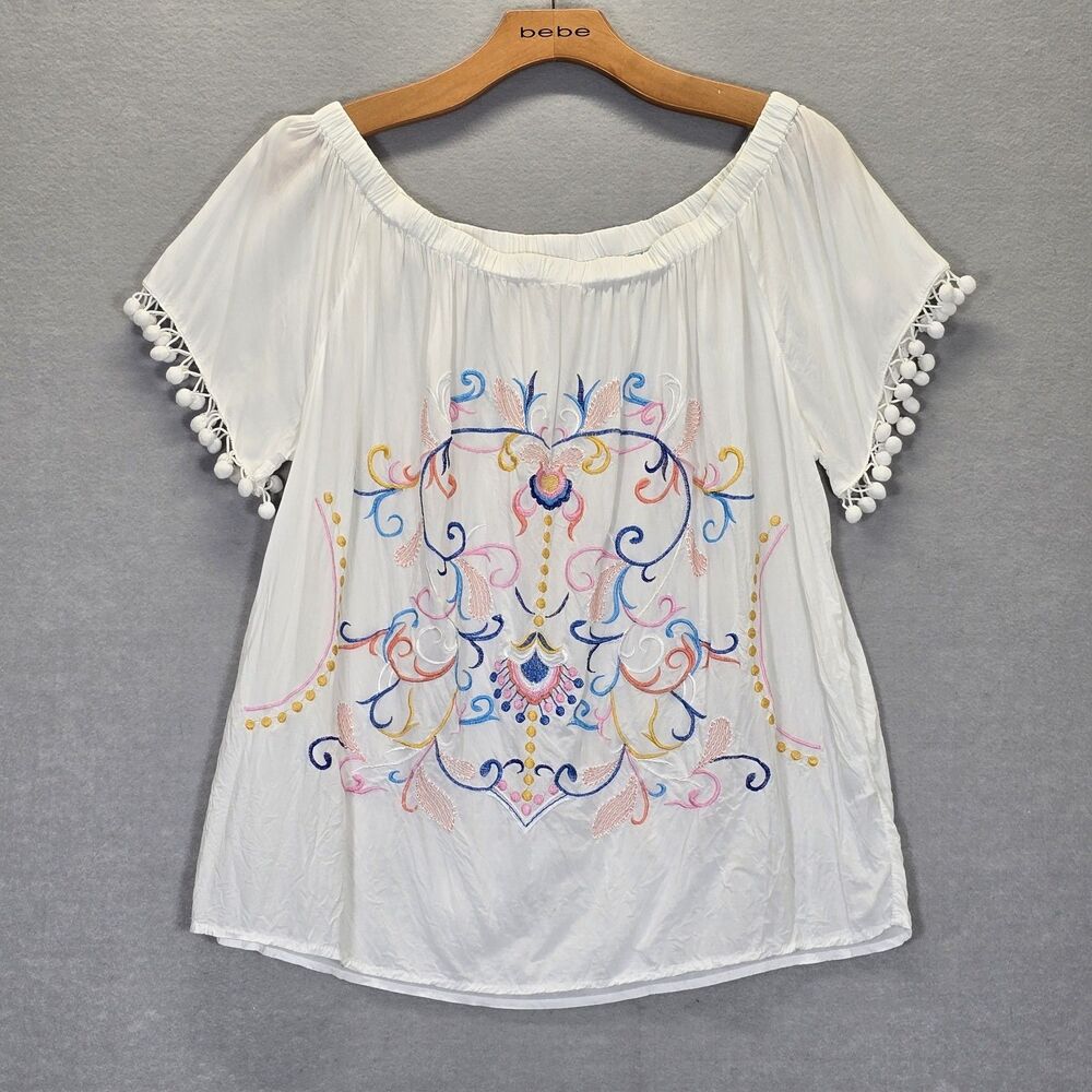 Grand & Greene Blouse White Floral Embroidery Bell 3/4 Sleeves Size XL